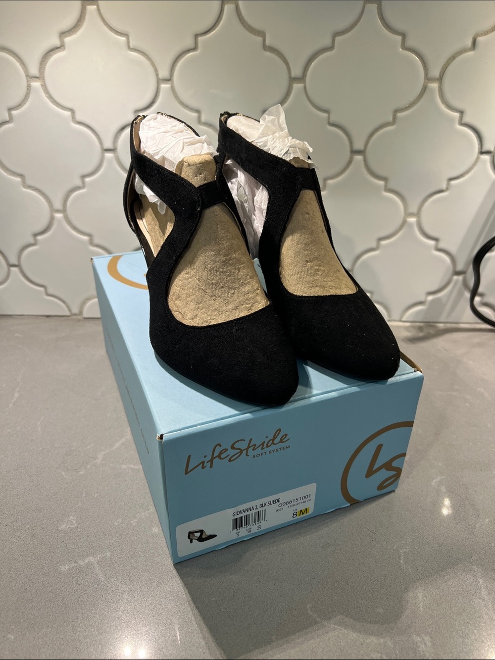 Life Stride Black Suede T-Strap Slingback Heels